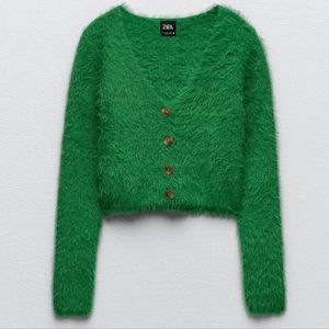 Zara Green Fuzzy Cardigan Sweater